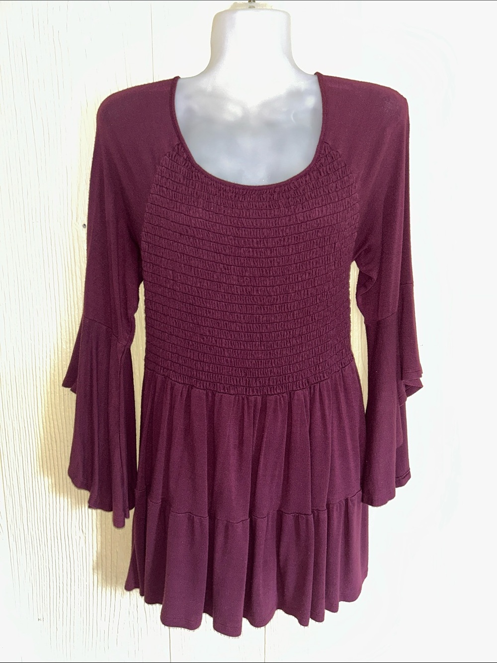 Womens Smocked Peplum Tunic Top - Deep Wine